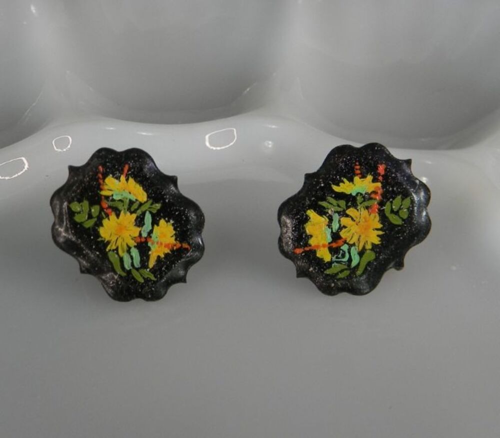 Vintage Hand Painted Miniature Tole Tray Screw Back Earrings Grammacore Cottage